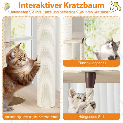 Cat Tree Tower, 141cm, Wood, with Cat Cave & Hammock