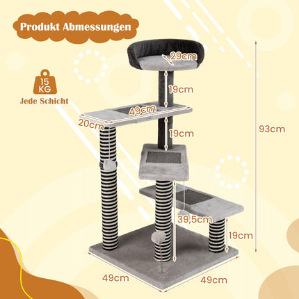 Cat Tree Tower, 93 cm, Sisal & Jute Scratch Posts, Gray