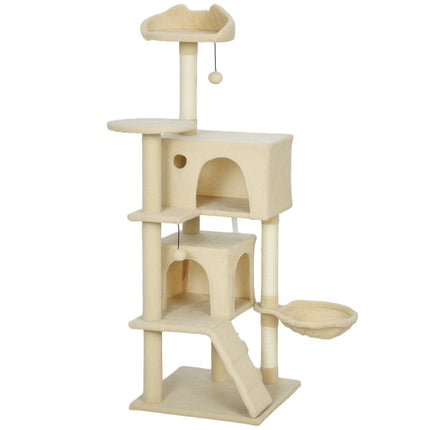 Cat Tree Tower with Hammock, Ladder, Cave, 140 cm, Beige