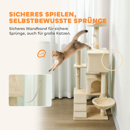 Cat Tree Tower with Hammock, Ladder, Cave, 140 cm, Beige