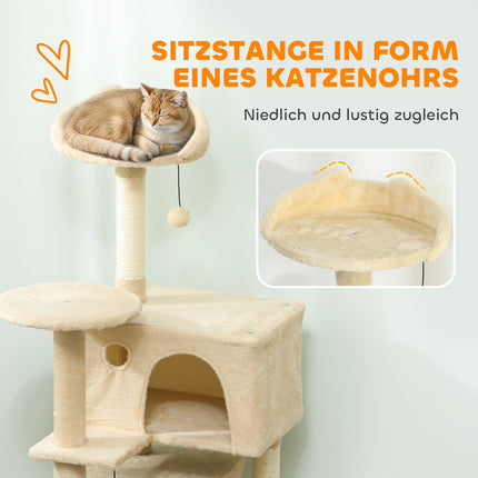 Cat Tree Tower with Hammock, Ladder, Cave, 140 cm, Beige