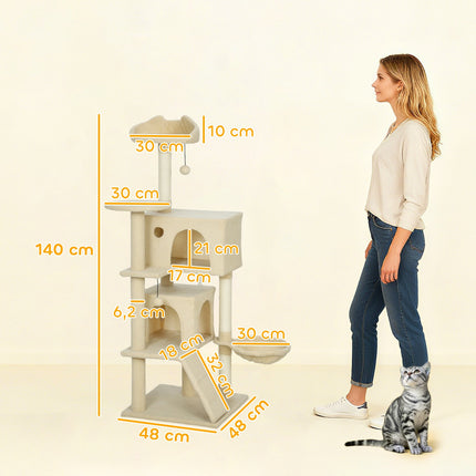 Cat Tree Tower with Hammock, Ladder, Cave, 140 cm, Beige