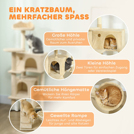 Cat Tree Tower with Hammock, Ladder, Cave, 140 cm, Beige
