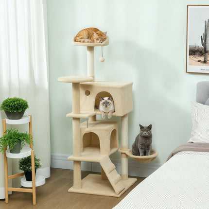 Cat Tree Tower with Hammock, Ladder, Cave, 140 cm, Beige