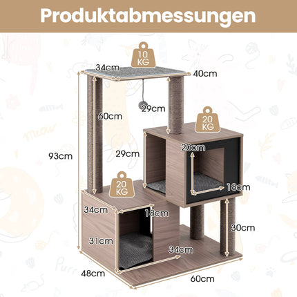 Cat Tree Tower with Sisal Posts, 2 Caves, 94 cm, Grey
