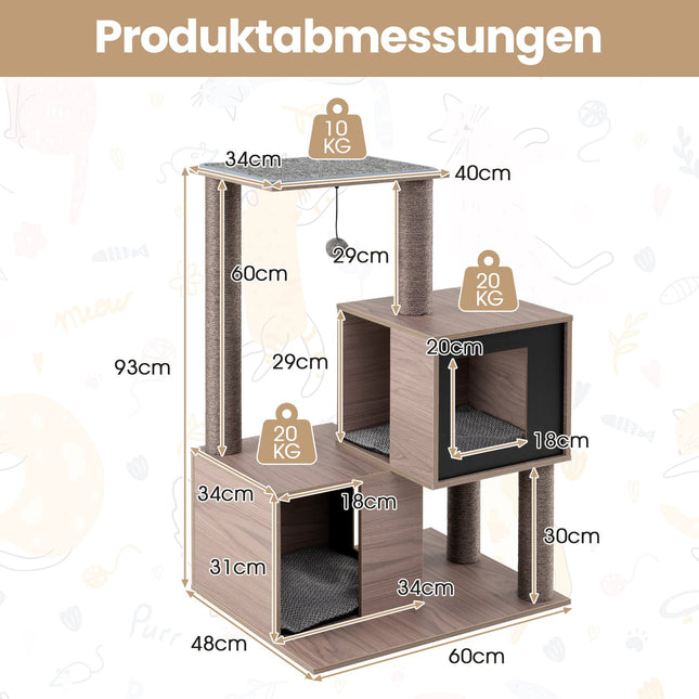 Cat Tree Tower with Sisal Posts, 2 Caves, 94 cm, Grey