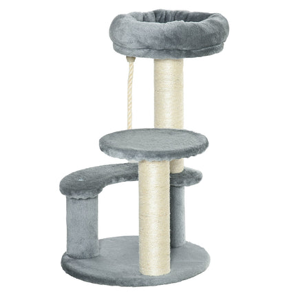 Gray 3-story cat tree with hammock and sisal columns