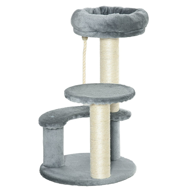 Gray 3-story cat tree with hammock and sisal columns