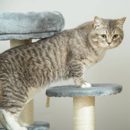 Gray 3-story cat tree with hammock and sisal columns