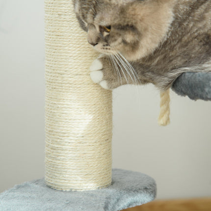 Gray 3-story cat tree with hammock and sisal columns