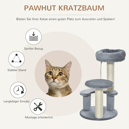 Gray 3-story cat tree with hammock and sisal columns