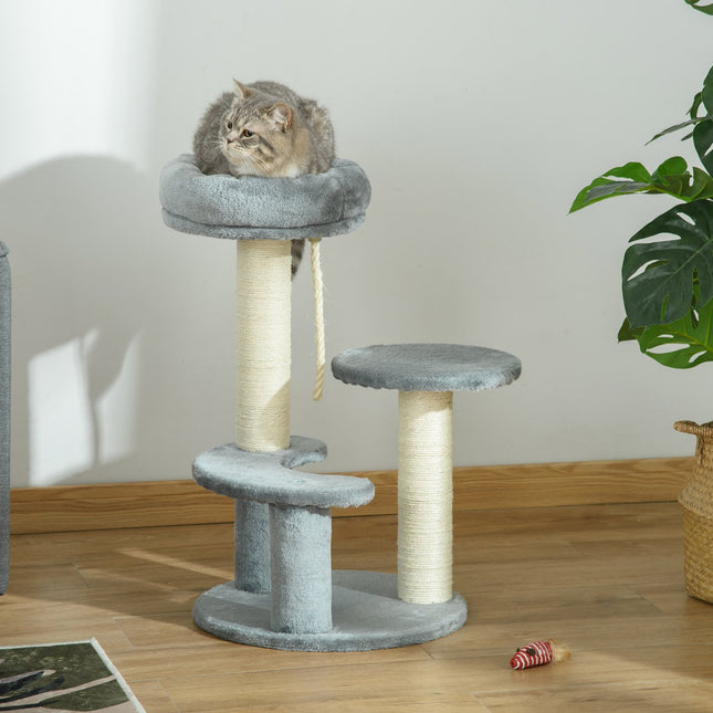 Gray 3-story cat tree with hammock and sisal columns