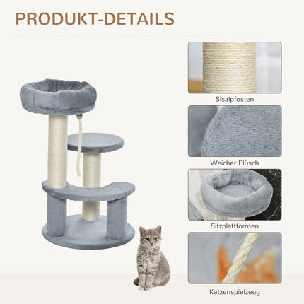 Gray 3-story cat tree with hammock and sisal columns