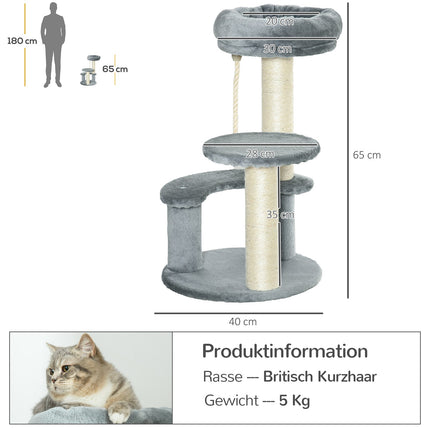 Gray 3-story cat tree with hammock and sisal columns