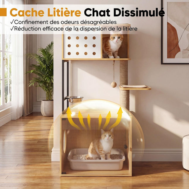 Cat Tree With Hidden Litter Box And Feeding Bowl, 117.5 cm
