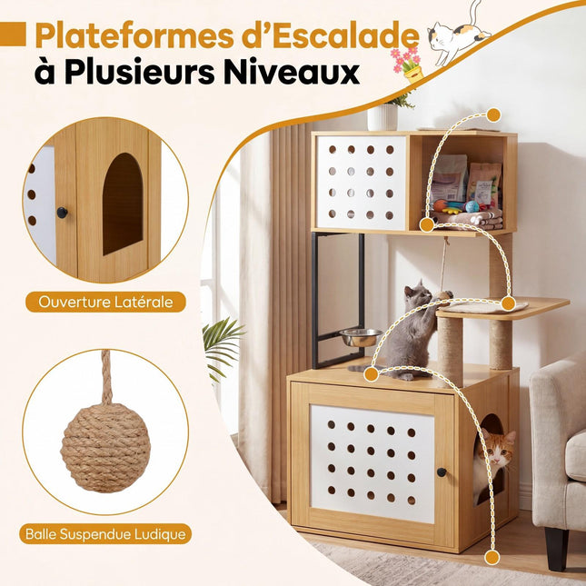Cat Tree With Hidden Litter Box And Feeding Bowl, 117.5 cm