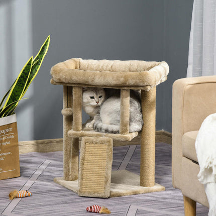 Cat tree with jute scratching mat, plush perch and door hole