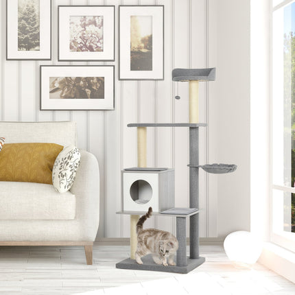 Cat tree with scratching posts - gray and white, 4 tiers