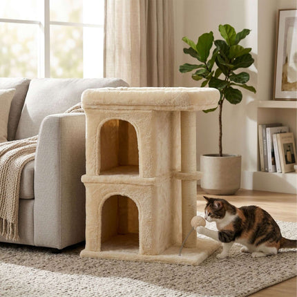 Cat Tree with 2 Caves & Bed, Beige, 71 cm