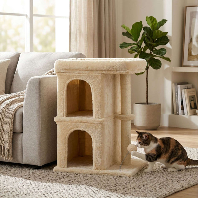 Cat Tree with 2 Caves & Bed, Beige, 71 cm
