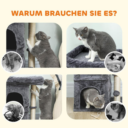 Cat Tree with 2 Caves, Platform, Sisal Posts, Dark Gray