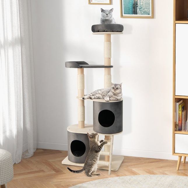Cat Tree with 2 Caves, Plush Perch & Platform, 161 cm