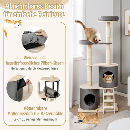 Cat Tree with 2 Caves, Plush Perch & Platform, 161 cm