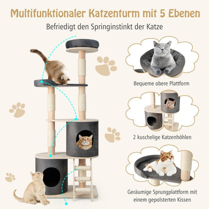 Cat Tree with 2 Caves, Plush Perch & Platform, 161 cm