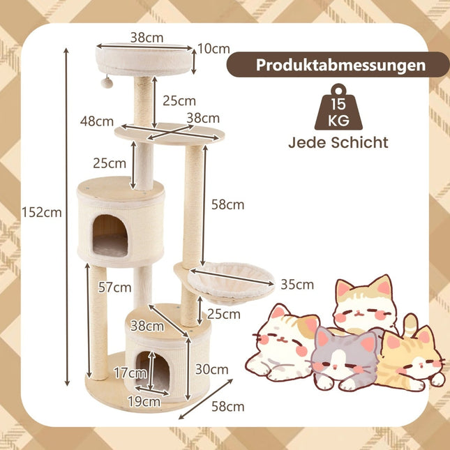 Cat Tree with 2 Houses, Basket, Sisal Posts, 152 cm
