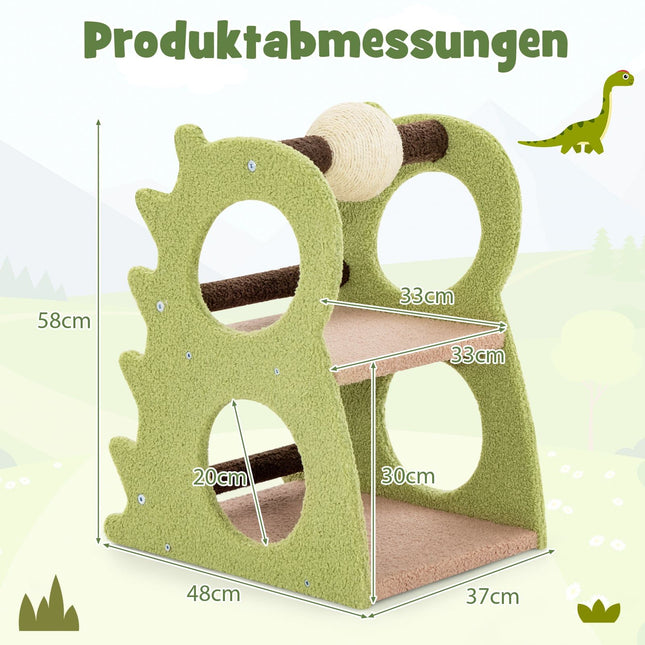 Cat Tree with 2 Levels, Dinosaur Shape, Green, 48x37x58 cm