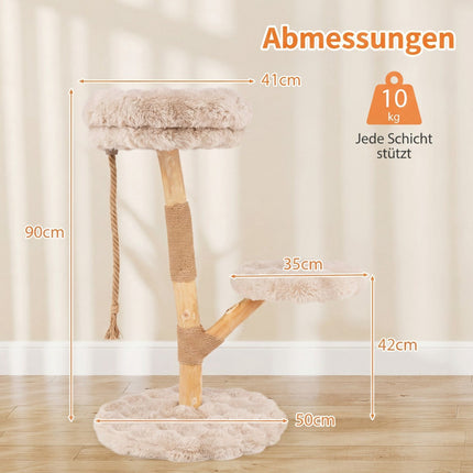 Cat Tree with 3 Plush Platforms, Jute Posts, 90 cm, Beige