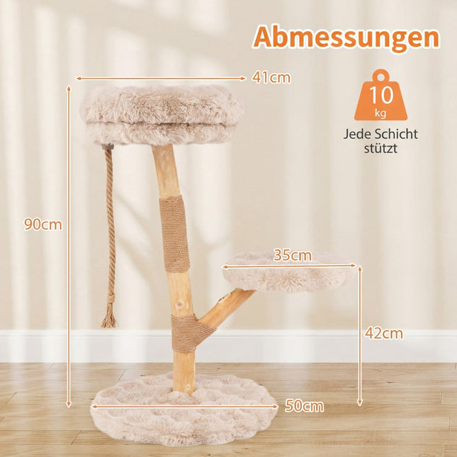 Cat Tree with 3 Plush Platforms, Jute Posts, 90 cm, Beige