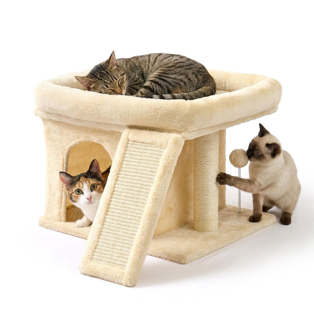 Cat Tree with Cave & Bed, Beige – Sisal & Plush