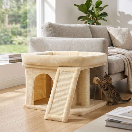 Cat Tree with Cave & Bed, Beige – Sisal & Plush