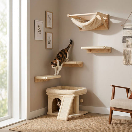 Cat Tree with Cave & Bed, Beige – Sisal & Plush