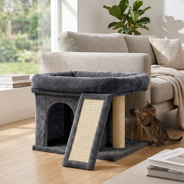 Cat Tree with Cave & Bed, Dark Gray, Sisal Scratching Post