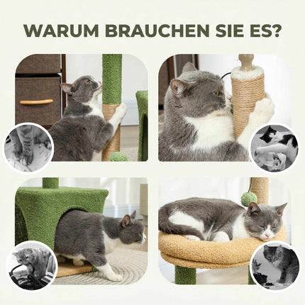 Cat Tree with Cave, Bed & Jute Posts – 98 cm, Leaf Design