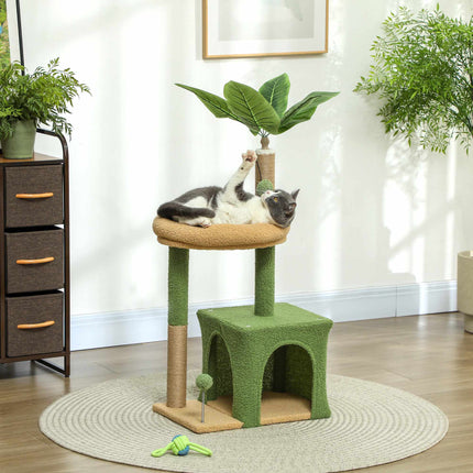 Cat Tree with Cave, Bed & Jute Posts – 98 cm, Leaf Design