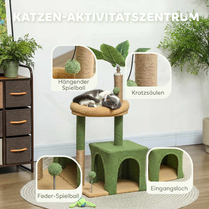 Cat Tree with Cave, Bed & Jute Posts – 98 cm, Leaf Design