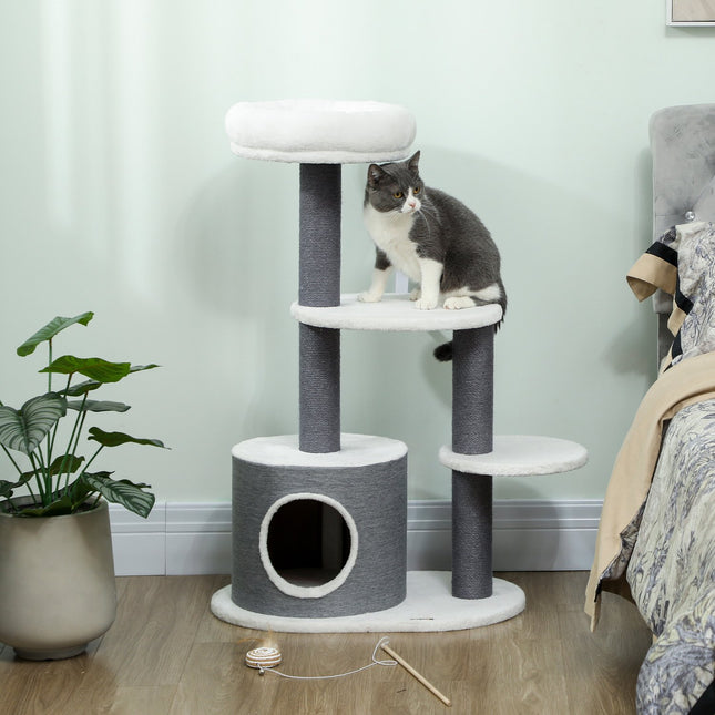 Cat Tree with Cave, Bed, Platforms, Jute Posts, White/Grey