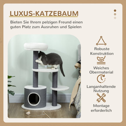Cat Tree with Cave, Bed, Platforms, Jute Posts, White/Grey