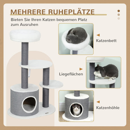 Cat Tree with Cave, Bed, Platforms, Jute Posts, White/Grey