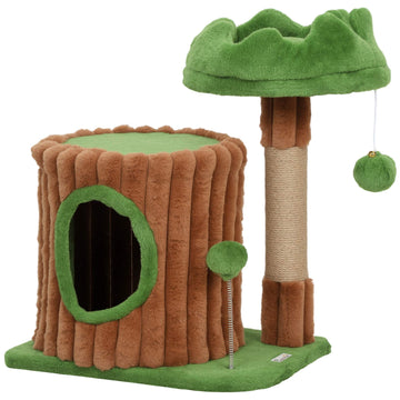 Cat Tree with Cave, Jute Posts, 2 Balls, Brown/Green
