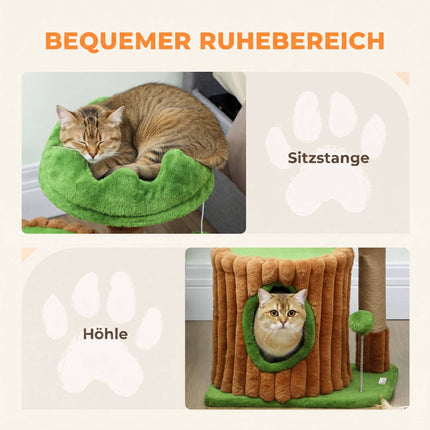 Cat Tree with Cave, Jute Posts, 2 Balls, Brown/Green