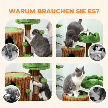 Cat Tree with Cave, Jute Posts, 2 Balls, Brown/Green