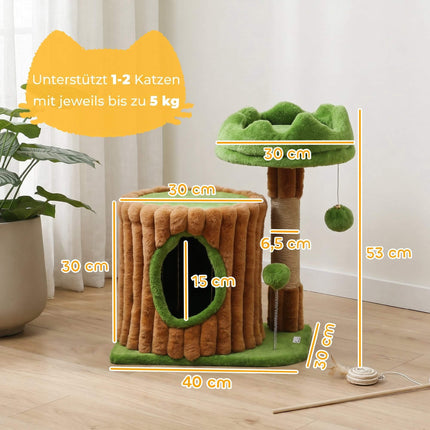 Cat Tree with Cave, Jute Posts, 2 Balls, Brown/Green