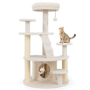Cat Tree with Cave, Ladder & Toys – Beige, Multi-Level