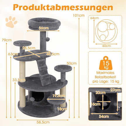 Cat Tree with Cave, Ladder & Toys – Grey, Multi-Level