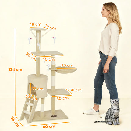 Cat Tree with Cave, Sisal Posts, Toys, Beige, <5kg Cats