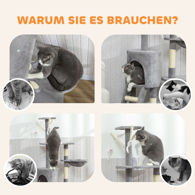 Cat Tree with Cave, Sisal Posts, Toys, for Cats <5kg, Gray